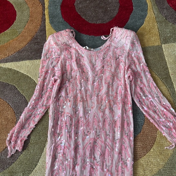 100% Pure Silk Vintage Retro Pink Long Sleeve Dress Beaded Sequins Made in India - Picture 7 of 9